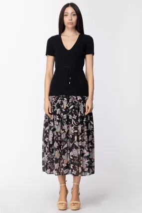 Abito longuette top in maglia e gonna stampata BIC NERO/ST FIORE INDIANO NERO
